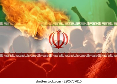 Defocus protest in Iran. Conflict war over border. Fire, flame. Country flag. Out of focus. - Shutterstock ID 2205737815