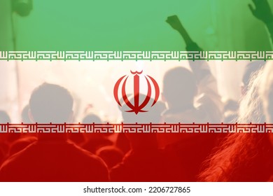 Defocus Protest In Iran. Conflict War Over Border. Fire, Flame. Country Flag. Woman Low Rights. Out Of Focus.