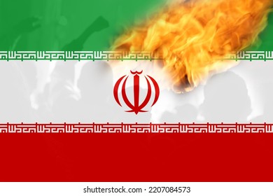 Defocus Protest In Iran. Conflict War Over Border. Fire, Flame. Country Flag. Woman Low Rights. Male Hands.  Iranian Women. Out Of Focus.