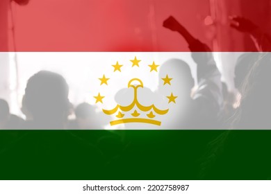 Defocus Protest In Tajikistan. Conflict War Between Kyrgyzstan And Tajikistan Over Border. Conflict. Country Flag. Out Of Focus.