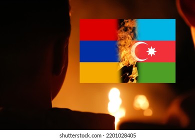 Defocus War With Armenia And Azerbaijan. Intense Fire With The Profile Silhouette Of A Person. Fire And People. Medium Close-up Of A Man Trapped In Fire Crying For Help And Coughing. Out Of Focus.