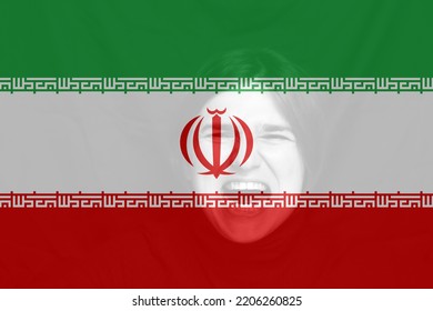 Defocus Young Woman, Protest In Iran. Conflict War Over Border. Country Flag. Woman Low Rights. Male Hands.  Iranian Women. Violence Iran. Fire, Flame. Out Of Focus.