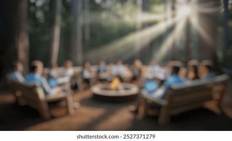 Defocused abstract background of a business meeting in a tranquil forest clearing. Sunbeams and trees create a serene, magical environment for focused discussions. - Powered by Shutterstock