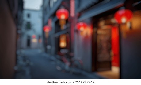 Defocused abstract background capturing the serene glow of a restaurant entrance with red lanterns and intricate door carvings, evoking calm and mystery.