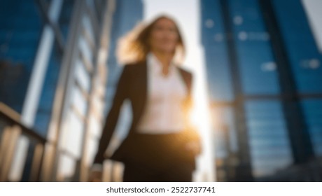 Defocused abstract background of a confident businesswoman walking during the golden hour, with sunlight reflecting on city glass buildings. - Powered by Shutterstock