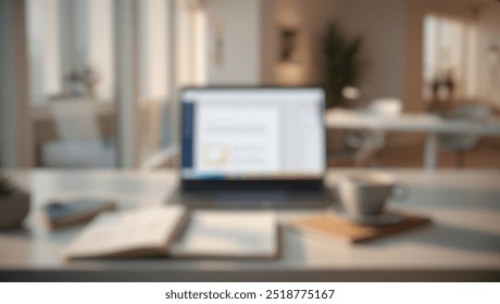 Defocused abstract background of a cozy workspace with a laptop, coffee cup, and open notebook, set against a minimalist, aesthetic office environment. - Powered by Shutterstock