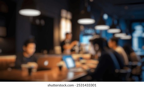 Defocused abstract background in a dimly lit café, showing a group of people working on laptops with soft pendant lights, creating an intimate, moody atmosphere. - Powered by Shutterstock