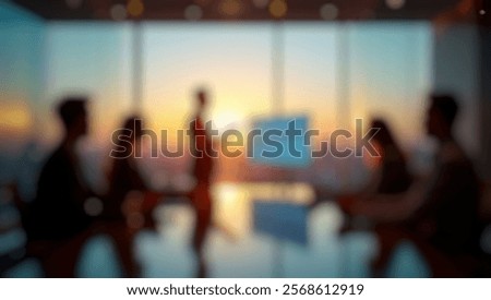 Defocused abstract background of a dynamic team leader presenting in a modern corporate boardroom, ideal for business, leadership, and teamwork concepts.