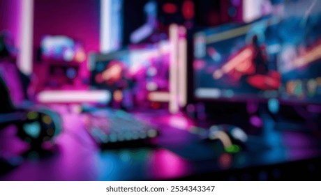 A defocused abstract background featuring a close-up of a gamer’s desk, vibrant RGB lights reflecting on high-end gear, creating a mesmerizing tech scene.