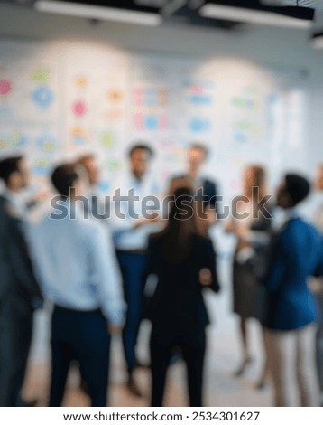 Defocused abstract background featuring dynamic teamwork and diverse professionals around a whiteboard, ideal for business collaboration visuals.