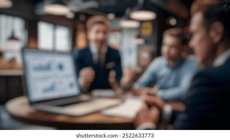 Defocused abstract background with industrial-rustic cafe setting, capturing business pitch with graphs and charts on a laptop screen - Powered by Shutterstock