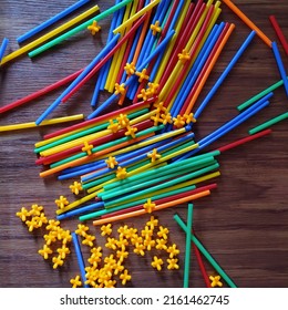 defocused, abstract, background of Magic Straws is a children's toy that builds logical thinking intelligence, grows spatial perception, sharpens imagination and creativity.