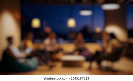 Defocused abstract background of a modern office lounge at twilight, with warm pendant lights and colleagues collaborating on bean bags and chairs. - Powered by Shutterstock