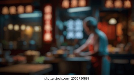 A defocused abstract background of a street market vibe with a chef cooking dumplings. Neon signs create a vibrant, colorful, and lively urban feel. - Powered by Shutterstock