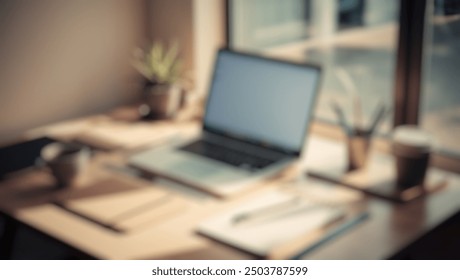 Defocused abstract background with a tidy office desk, open laptop, and soft natural light streaming through the window - Powered by Shutterstock