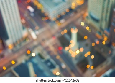 Defocused aerial view of Chicago downtown at evening