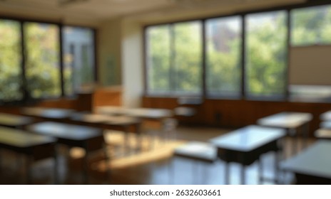 Defocused Background of Bright Classroom with Large Windows and Wooden Desks Illuminated by Soft Natural Light in Educational Setting. Blurred Background Photo.