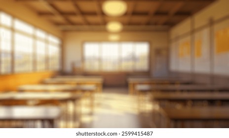 Defocused Background of Bright and Inviting Classroom Interior with Sunlight Filtering Through Large Windows in a School Setting. Blurred Background Photo.