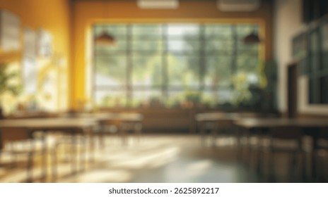 Defocused Background of Bright and Inviting Classroom Interior with Natural Light and Plants for Educational Environments and Learning Spaces. Blurred Background Photo.