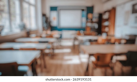 Defocused Background of Bright and Inviting Classroom Setting with Wooden Desks and Large Windows Illuminating the Space. Blurred Background Photo. - Powered by Shutterstock - Get 15% off with code: PIKWIZARD15
