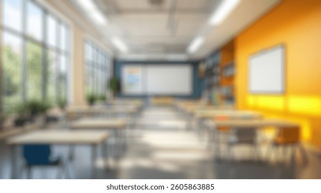 Defocused Background of Bright and Modern Classroom Interior with Desks and Windows for Educational Environment and Learning Activities. Blurred Background Photo.