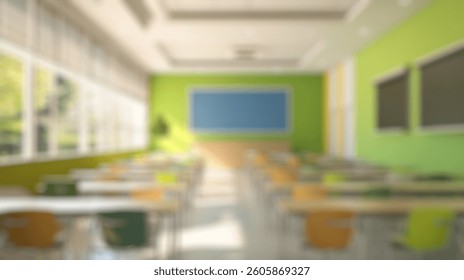 Defocused Background of Bright and Modern Classroom Interior with Colorful Furniture and Large Windows for Natural Light. Blurred Background Photo.