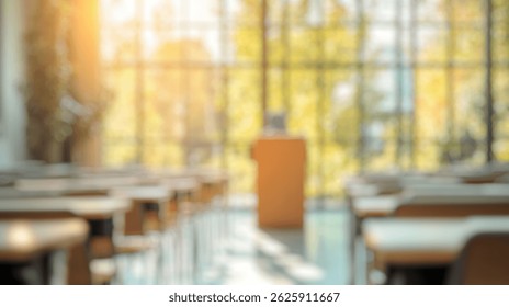 Defocused Background of Bright Modern Classroom with Empty Desks and Wooden Podium Surrounded by Large Windows and Greenery. Blurred Background Photo. - Powered by Shutterstock - Get 15% off with code: PIKWIZARD15