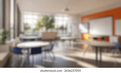 Defocused Background of Bright and Modern Classroom Setup with Large Windows and Collaborative Furniture for Engaging Learning Environment. Blurred Background Photo.