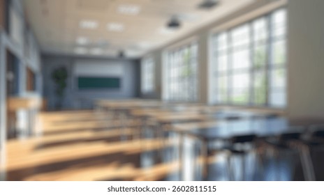 Defocused Background of Bright and Spacious Classroom Interior with Large Windows and Modern Furnishings Bathed in Natural Light. Blurred Background Photo.