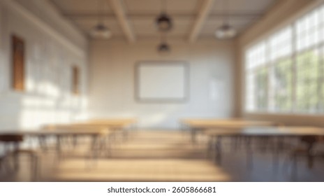 Defocused Background of Bright and Spacious Classroom with Wooden Desks and Large Windows Illuminating an Inspiring Learning Environment. Blurred Background Photo.