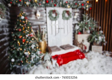 Defocused background Christmas Room with christmas tree.