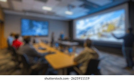 Defocused Background of Collaborative Learning Environment with Large Screens in Modern Educational Space. Blurred Background Photo.