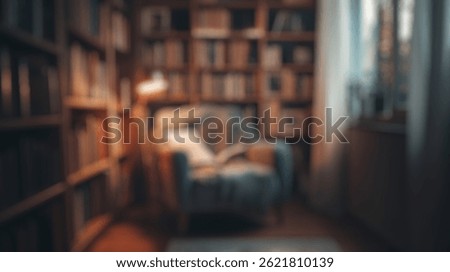 Defocused Background of Cozy Reading Nook with Soft Lighting and Books in a Warm Atmosphere Perfect for Relaxation and Reflection. Blurred Background Photo.