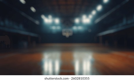 Defocused Background of Empty Basketball Court with Spotlights and Reflections in Dark Gymnasium Environment. Blurred Background Photo.
