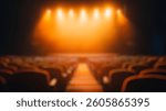 Defocused Background of Empty Theater With Bright Stage Lights Shining In A Dramatic Atmosphere Ready For Performance. Blurred Background Photo.