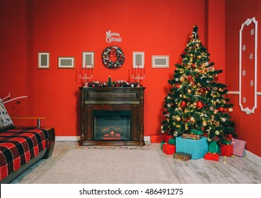 Defocused Background Living Room With Christmas Tree And Fireplace