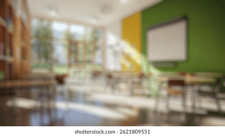 Defocused Background of Modern Bright Classroom Interior with Green Wall and Natural Light, Empty Space for Learning and Creativity. Blurred Background Photo.