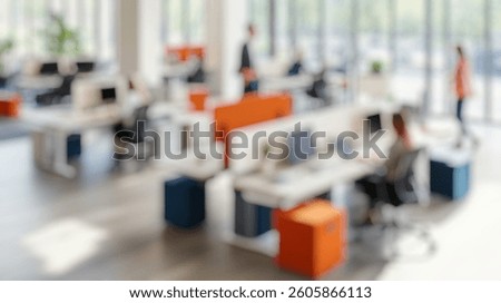 Defocused Background of Modern Office Space with Bright Interiors and Collaborative Work Areas Featuring Diverse Professionals. Blurred Background Photo.