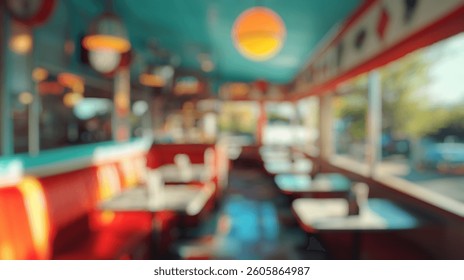 Defocused Background of Retro diner interior with colorful seating and vibrant decor showcasing American diner culture in daylight. Blurred Background Photo.