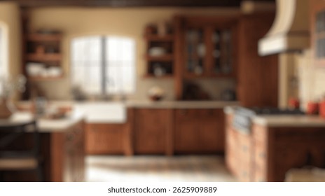 Fondo desenfocado de cocina rústica cálida y acogedora con gabinetes de madera y luz natural que fluye a través de la ventana. Foto de fondo borrosa.
