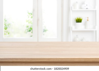 Defocused Bathroom Window Background With Empty Tabletop For Product Display