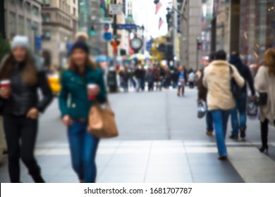 Defocused Blur Of New York City Street With Crowd Of People Walking