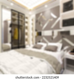 Defocused and Blur Photo of Sumptuous and Modern Bedroom with Simple Walk In Closet Interior Design - Shutterstock ID 2232521409