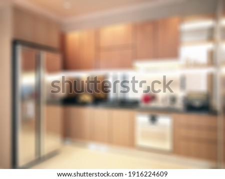 Defocused and Blure Photo of Modern and Simple Wooden Kitchen Design Interior