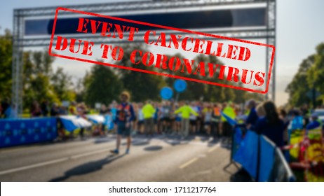 Defocused, Blurred View Of Sport Contestants In A Row On A Start Of Marathon Race. Sports Event Cancelled Due To Coronavirus Or Covid 19 Pandemics