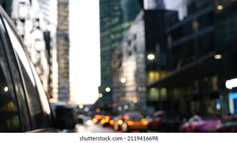 Defocused Cars Lights On Road In Twilight, Vehicles Traffic On Megapolis Street. Urban Downtown, Business Or Financial District Of Moscow, Russia. Transport Driving In Evening Dusk. Big City Life.
