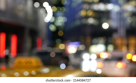 Defocused Cars Lights On Road In Twilight, Vehicles Traffic On Megapolis Street. Urban Downtown, Business Or Financial District Of Moscow, Russia. Transport Driving, Big City Life. Yellow Taxi Cab.