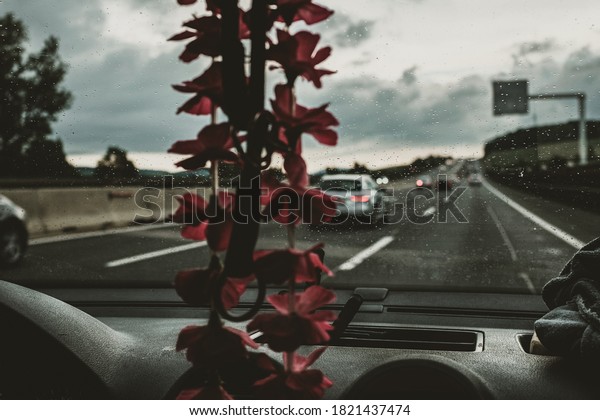 Defocused Cockpit or driver´s cabin on a rainy\
day with blurred flowers in foreground, blurred cars in background\
and detailed raindrops in the field of depth, all representing the\
Vanlife lifestyle