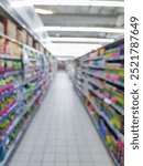 Defocused grocery store interior background, variety of merchandise, busy supermarket aisle, shopping environment, assortment of goods on shelves, blurred background depicting retail shopping