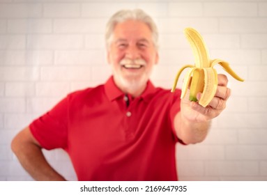 Defocused Happy Senior Man With A White Beard And Red Polo Shirt Isolated On A White Background Holds A Peeled Banana In His Hand Ready To Be Eaten